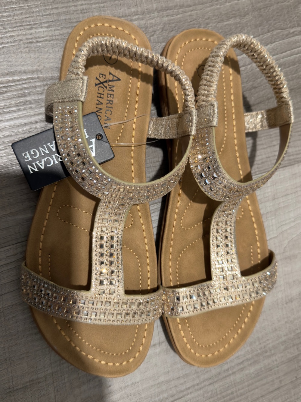American Exchange Women's Champagne Rhinestone T-Strap Sandals